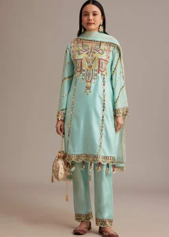 Sky Blue Silk Kurta Set With Mirror And Thread Work