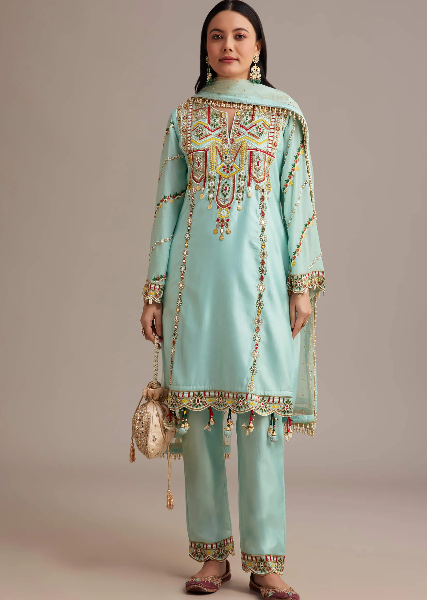 Sky Blue Silk Kurta Set With Mirror And Thread Work