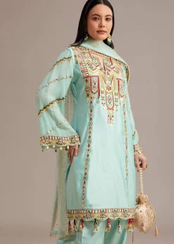 Sky Blue Silk Kurta Set With Mirror And Thread Work