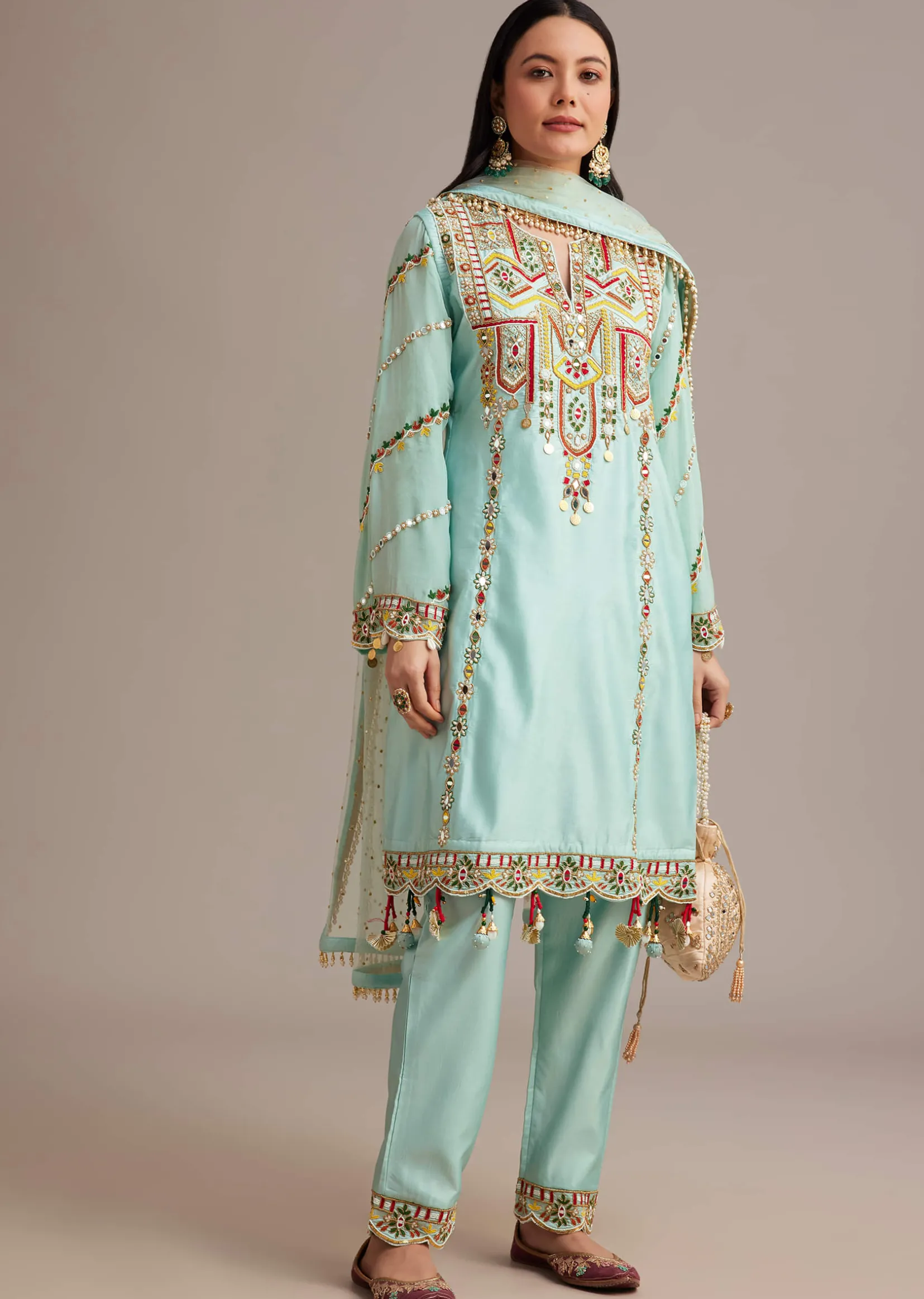 Sky Blue Silk Kurta Set With Mirror And Thread Work