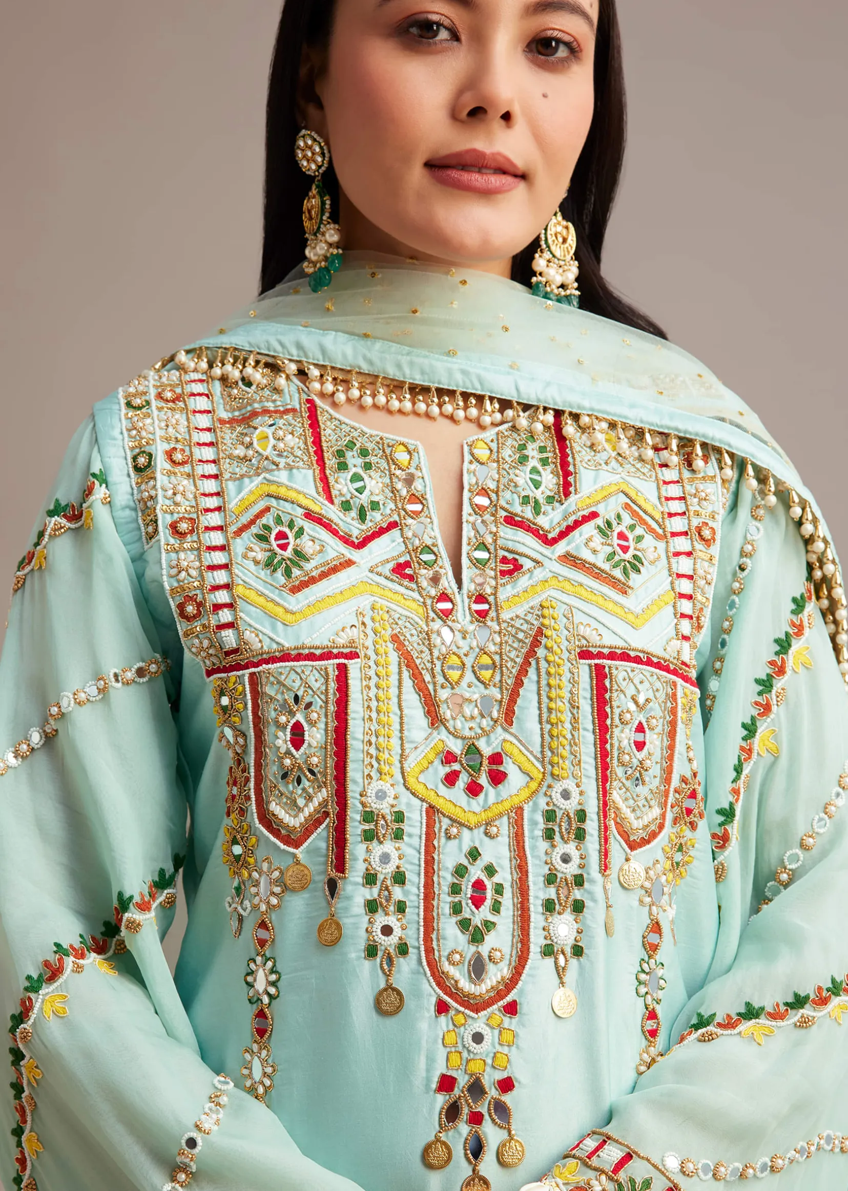 Sky Blue Silk Kurta Set With Mirror And Thread Work