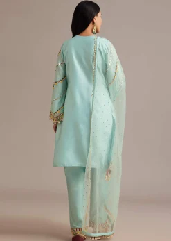 Sky Blue Silk Kurta Set With Mirror And Thread Work