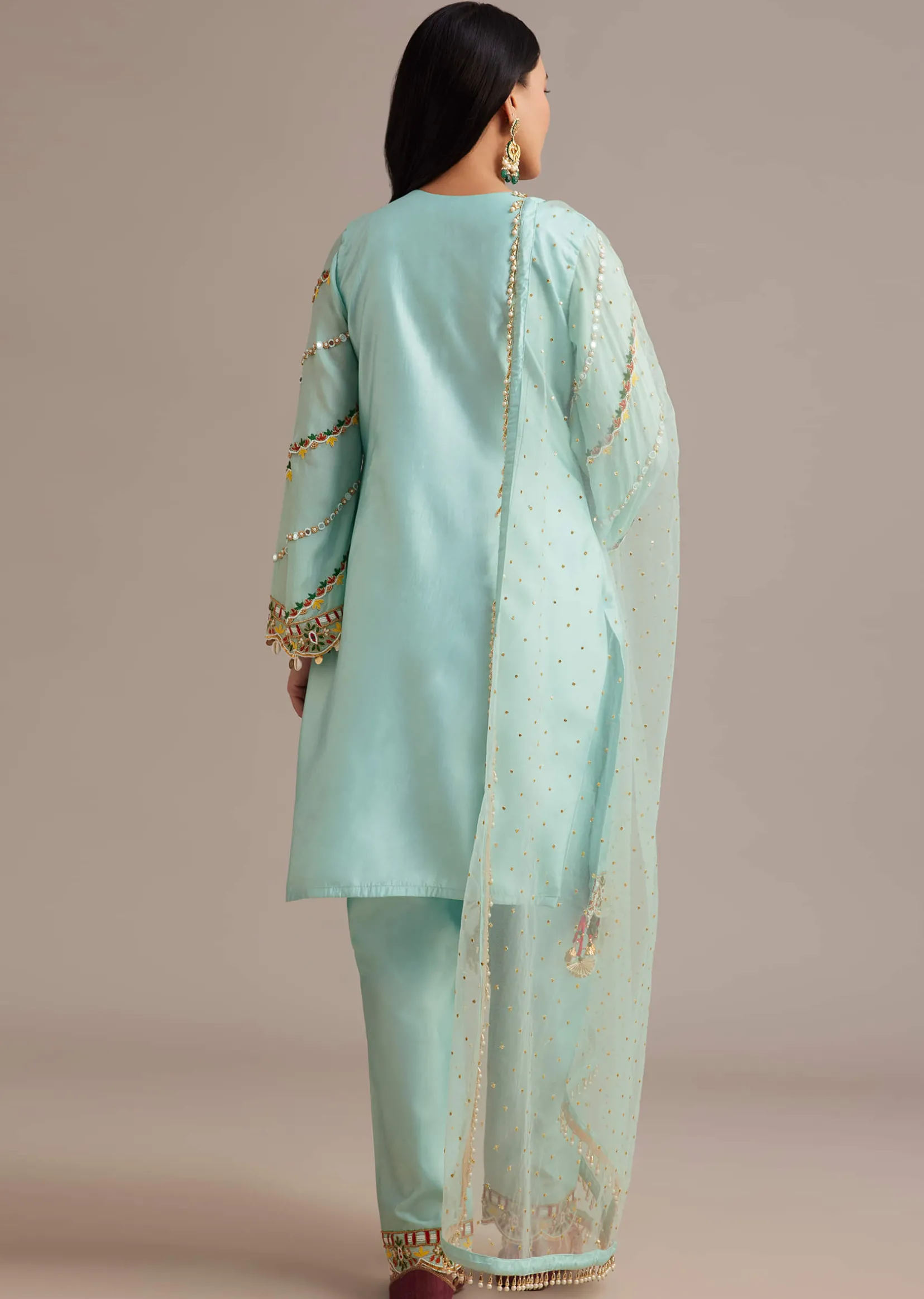 Sky Blue Silk Kurta Set With Mirror And Thread Work