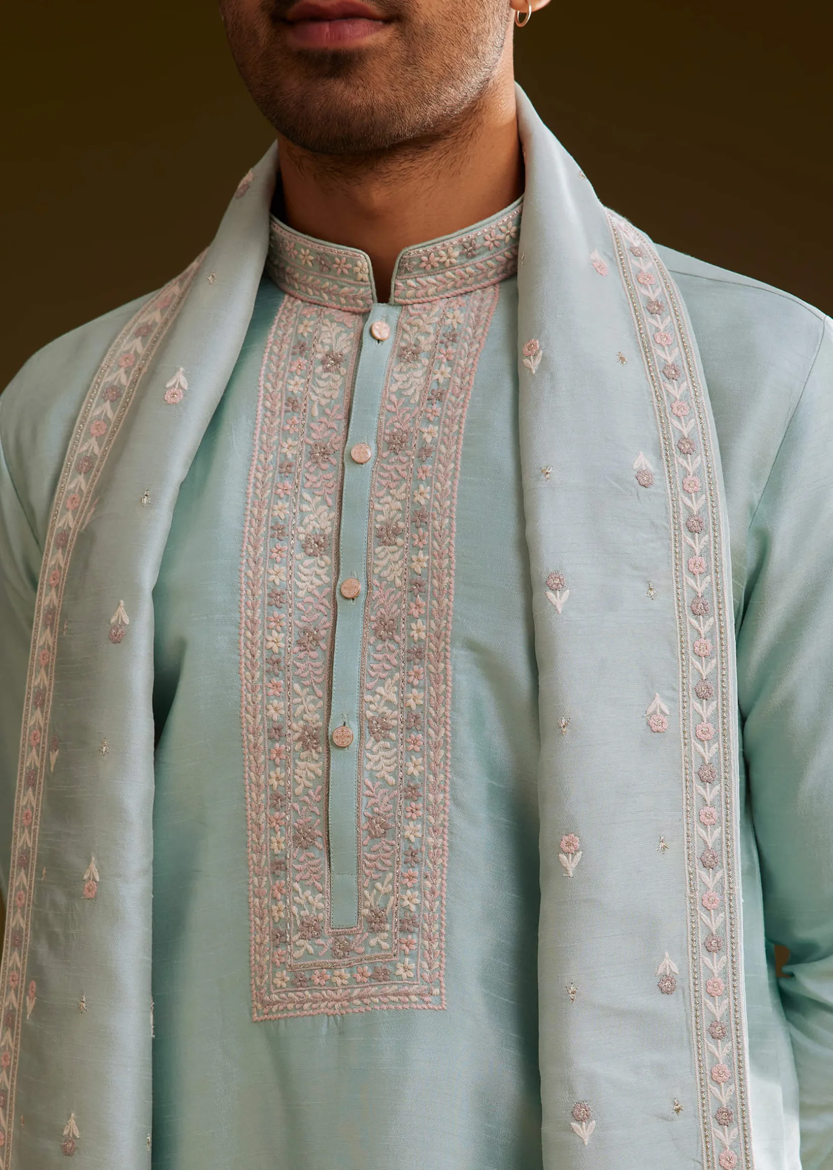 Sky Blue Silk Kurta Set With Embroidered Dupatta