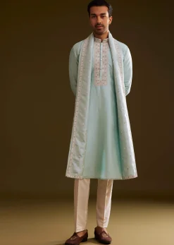 Sky Blue Silk Kurta Set With Embroidered Dupatta