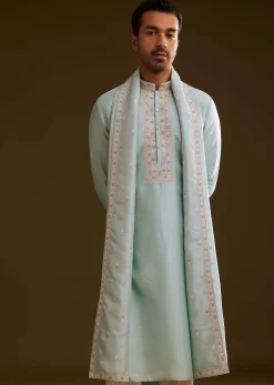 Sky Blue Silk Kurta Set With Embroidered Dupatta