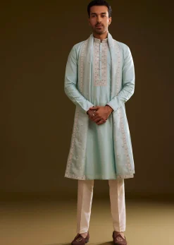 Sky Blue Silk Kurta Set With Embroidered Dupatta