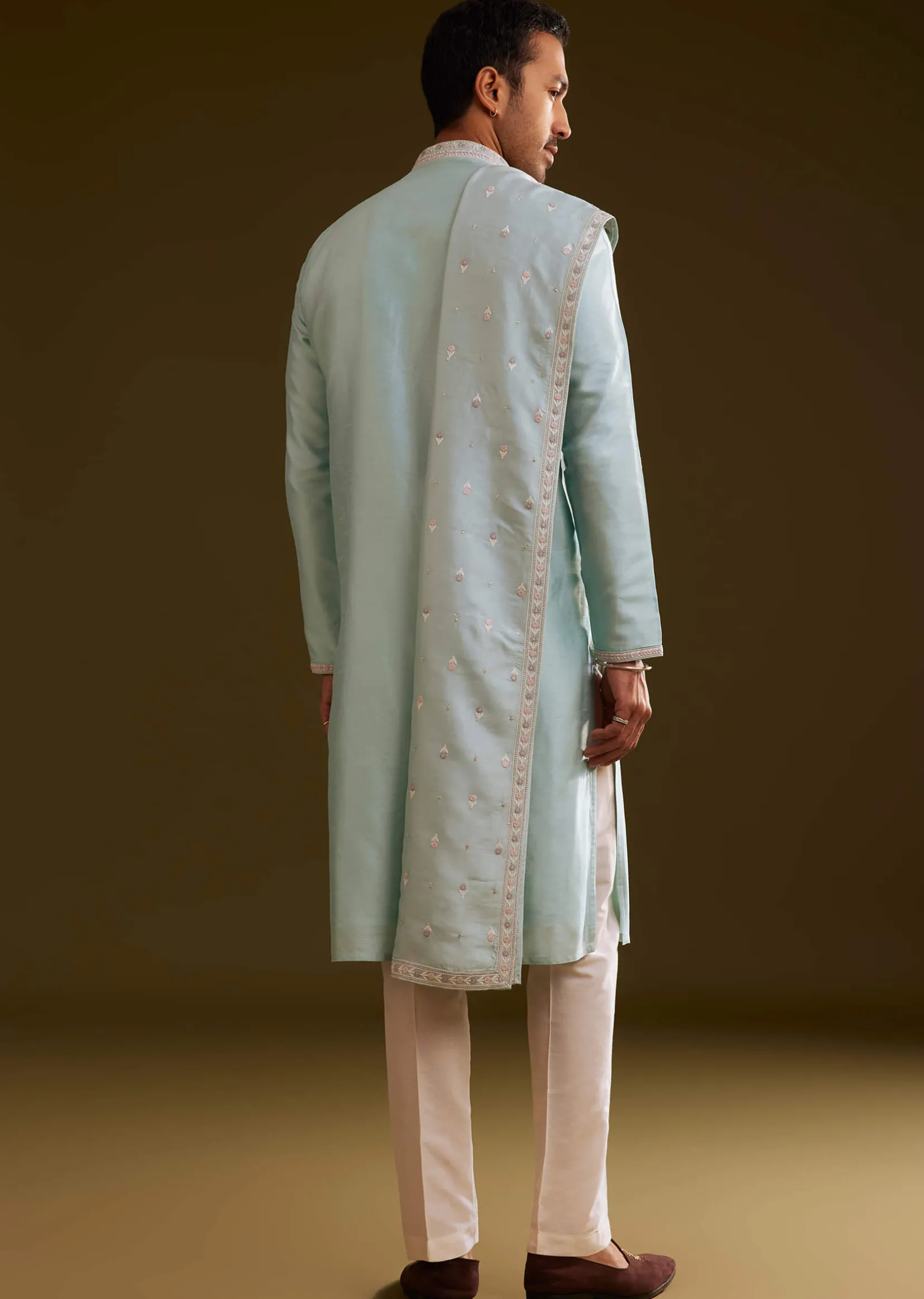 Sky Blue Silk Kurta Set With Embroidered Dupatta