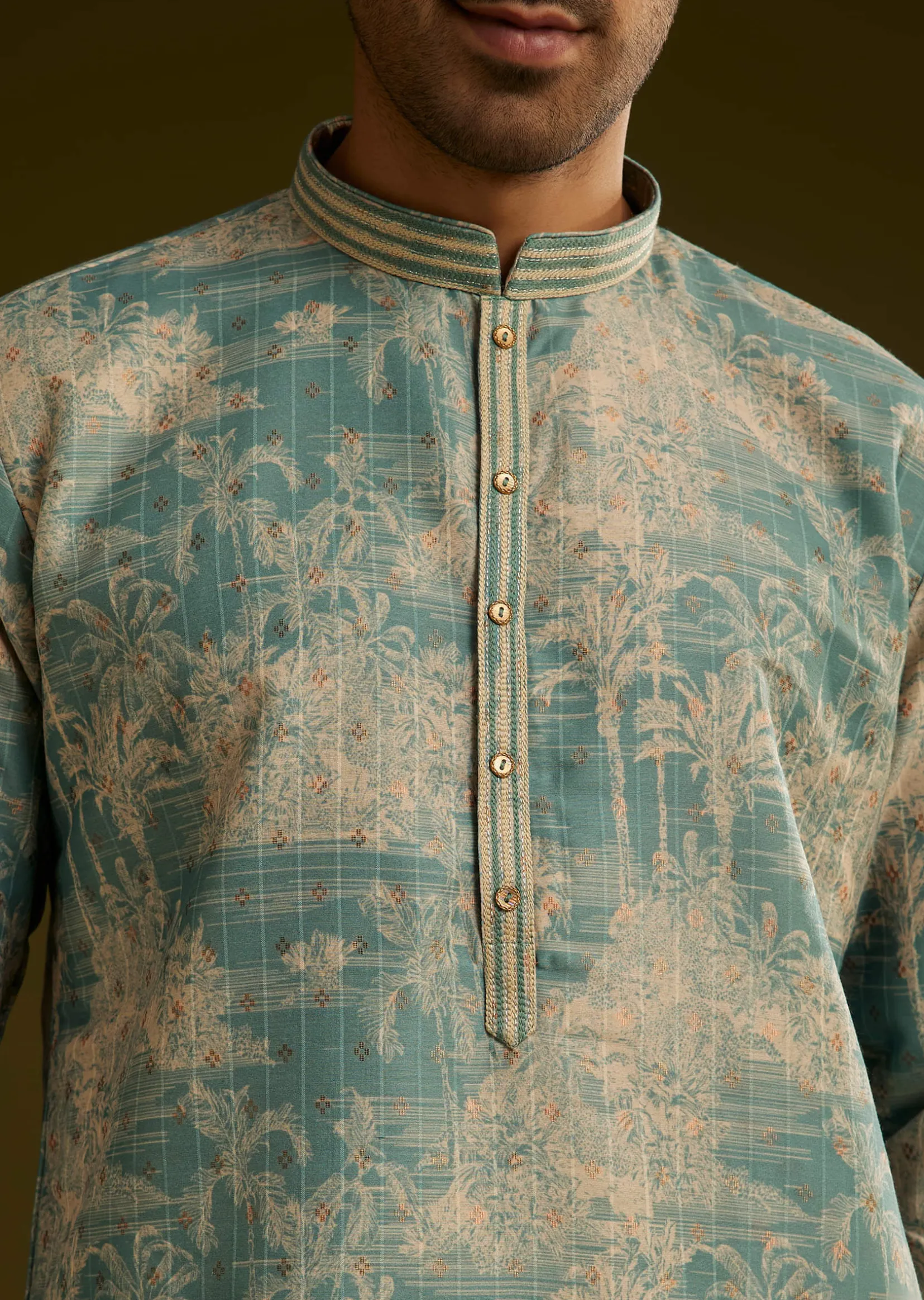Sky Blue Silk Printed Kurta Set With Tree Motifs