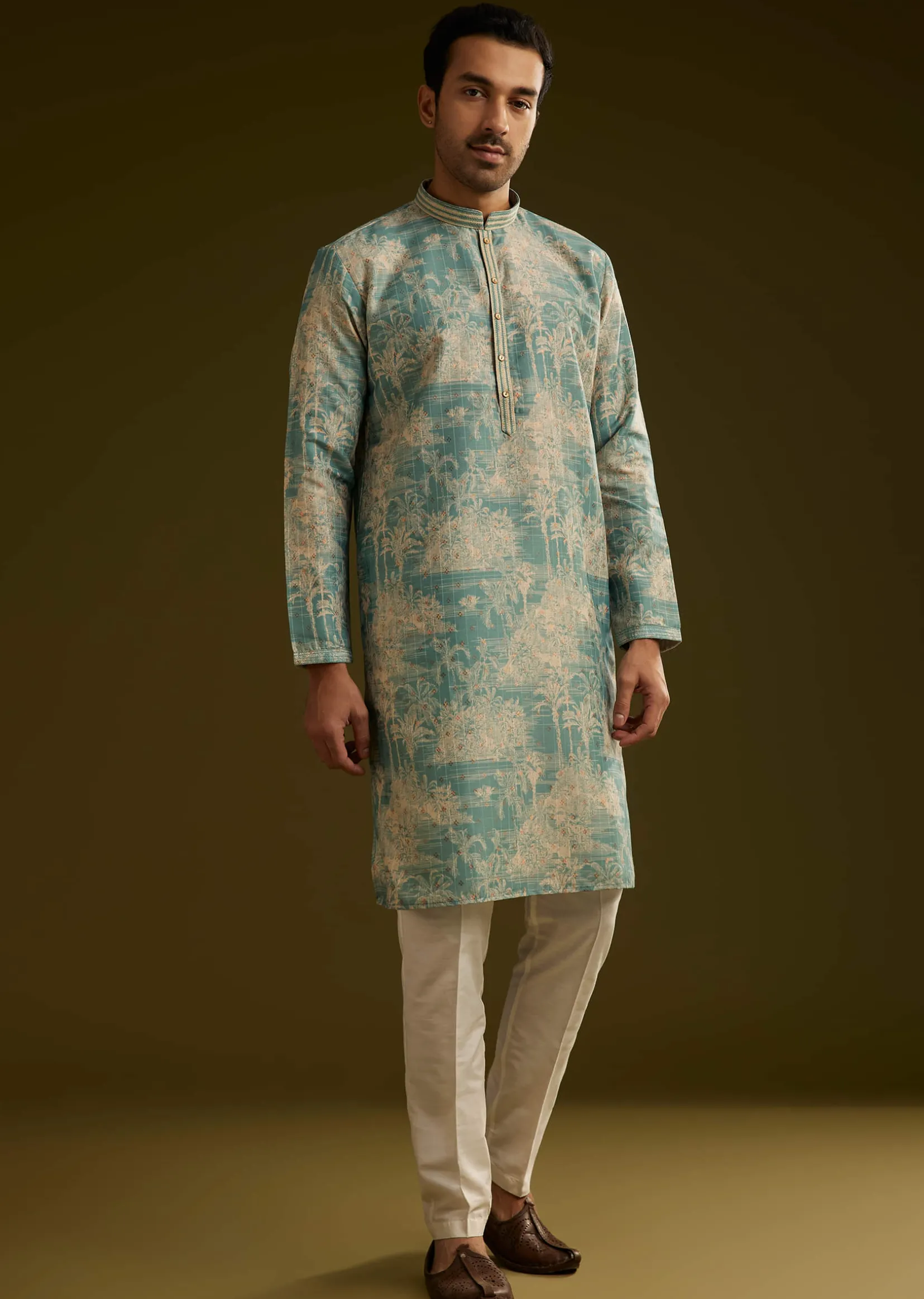 Sky Blue Silk Printed Kurta Set With Tree Motifs