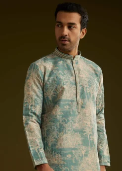 Sky Blue Silk Printed Kurta Set With Tree Motifs