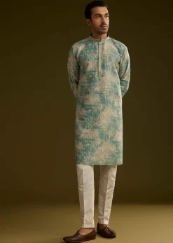 Sky Blue Silk Printed Kurta Set With Tree Motifs