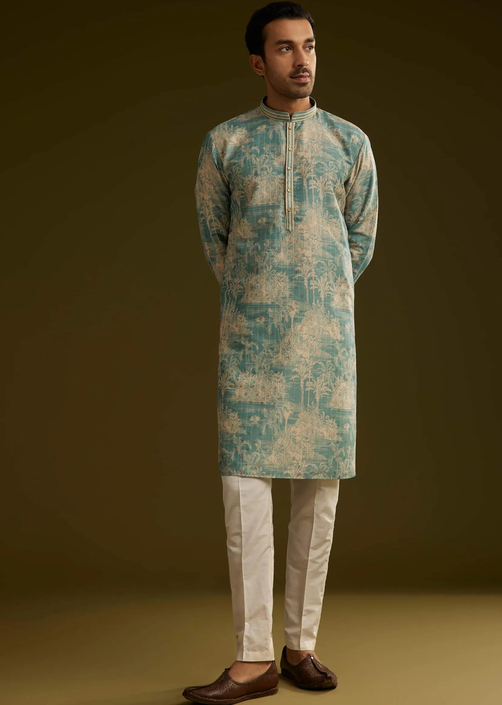 Sky Blue Silk Printed Kurta Set With Tree Motifs
