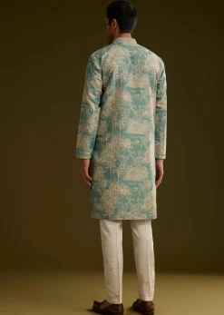 Sky Blue Silk Printed Kurta Set With Tree Motifs