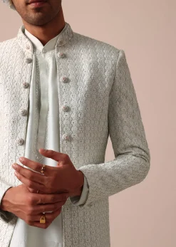 Sky Blue Silk Sherwani With Exquisite All-Over Embroidery
