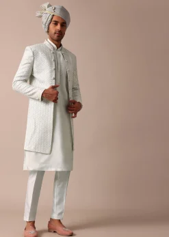 Sky Blue Silk Sherwani With Exquisite All-Over Embroidery