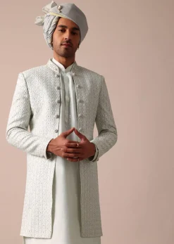 Sky Blue Silk Sherwani With Exquisite All-Over Embroidery
