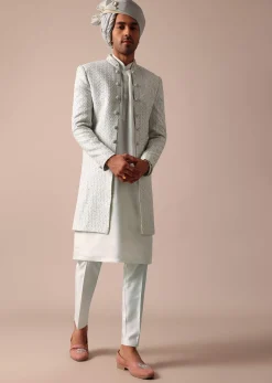 Sky Blue Silk Sherwani With Exquisite All-Over Embroidery
