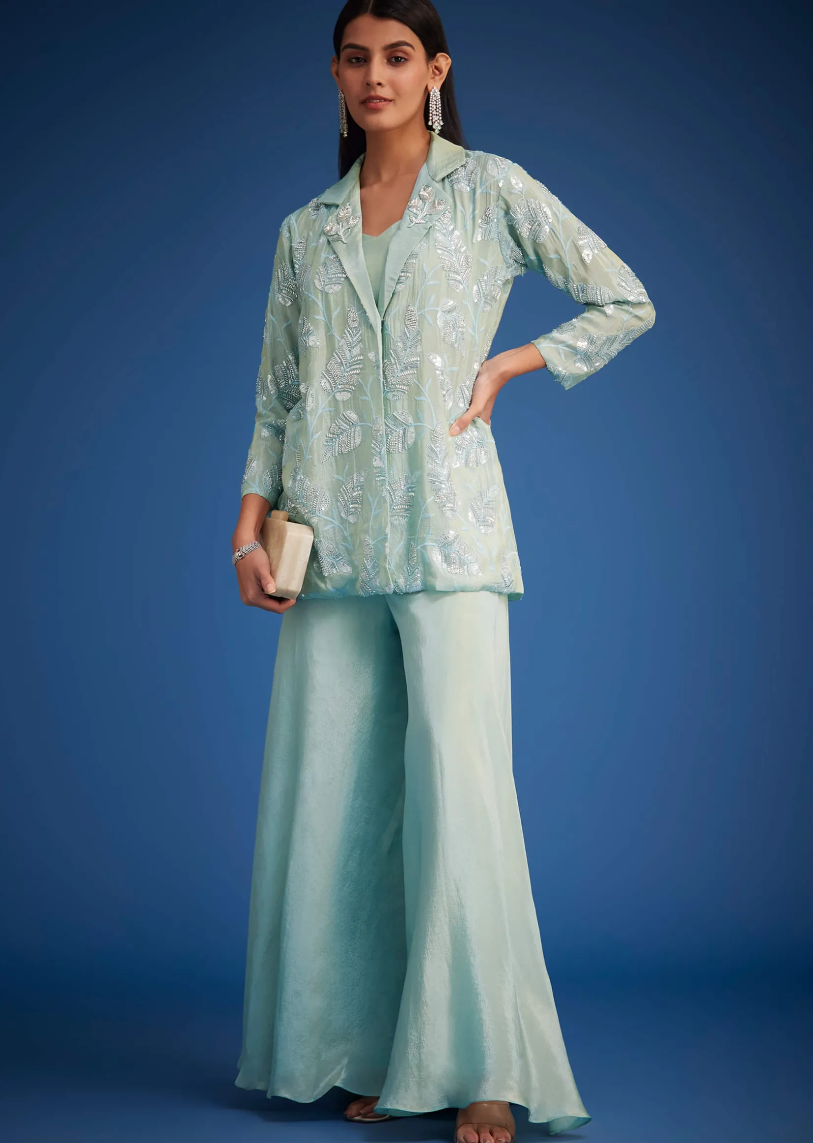 Sky Blue Tissue Embroidered Jacket Palazzo Set