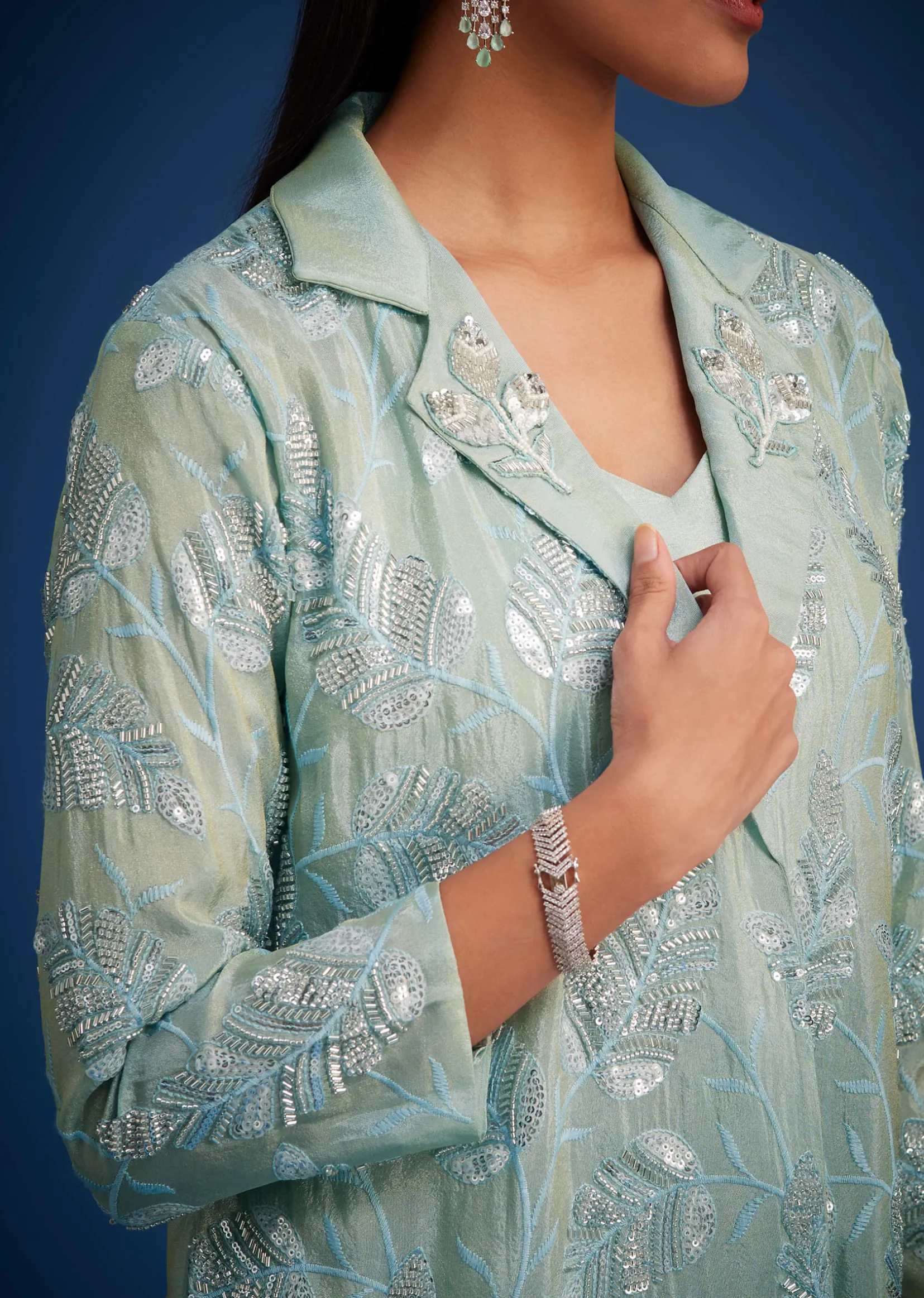 Sky Blue Tissue Embroidered Jacket Palazzo Set