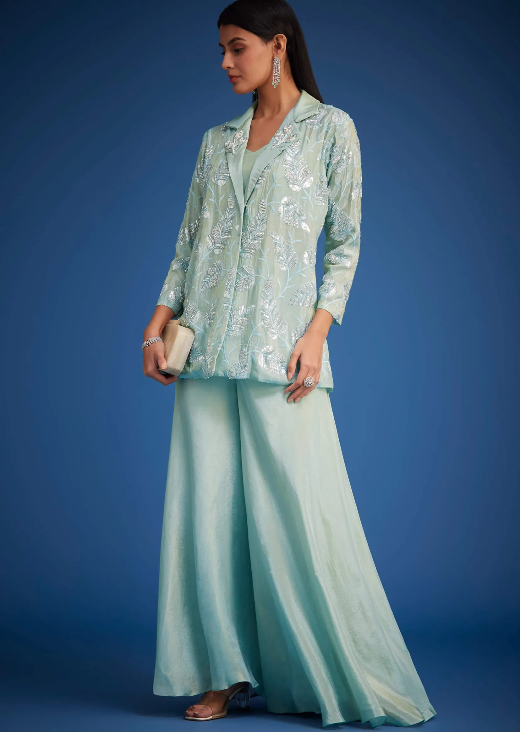 Sky Blue Tissue Embroidered Jacket Palazzo Set