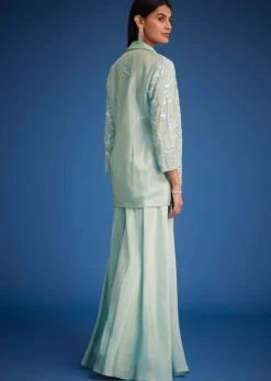 Sky Blue Tissue Embroidered Jacket Palazzo Set