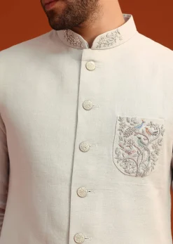 Sky Blue Zardosi Embroidered Jacket Kurta Set In Linen