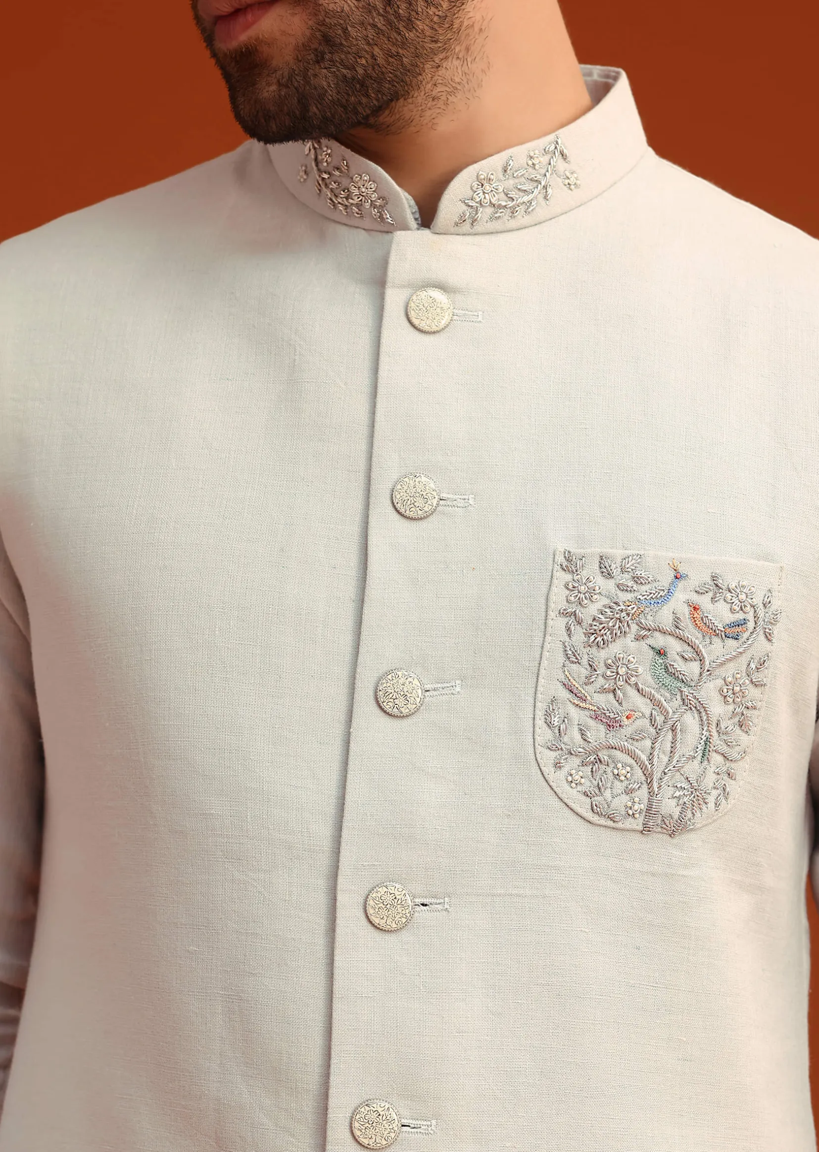 Sky Blue Zardosi Embroidered Jacket Kurta Set In Linen