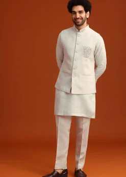 Sky Blue Zardosi Embroidered Jacket Kurta Set In Linen