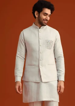 Sky Blue Zardosi Embroidered Jacket Kurta Set In Linen