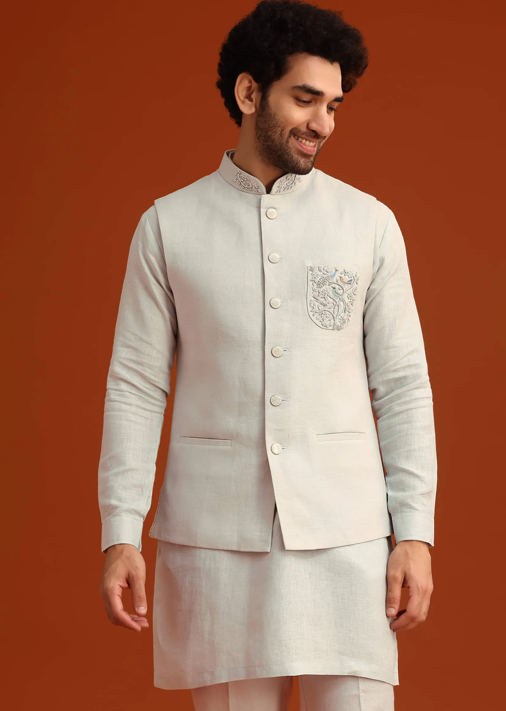Sky Blue Zardosi Embroidered Jacket Kurta Set In Linen