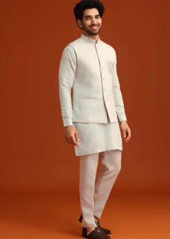 Sky Blue Zardosi Embroidered Jacket Kurta Set In Linen
