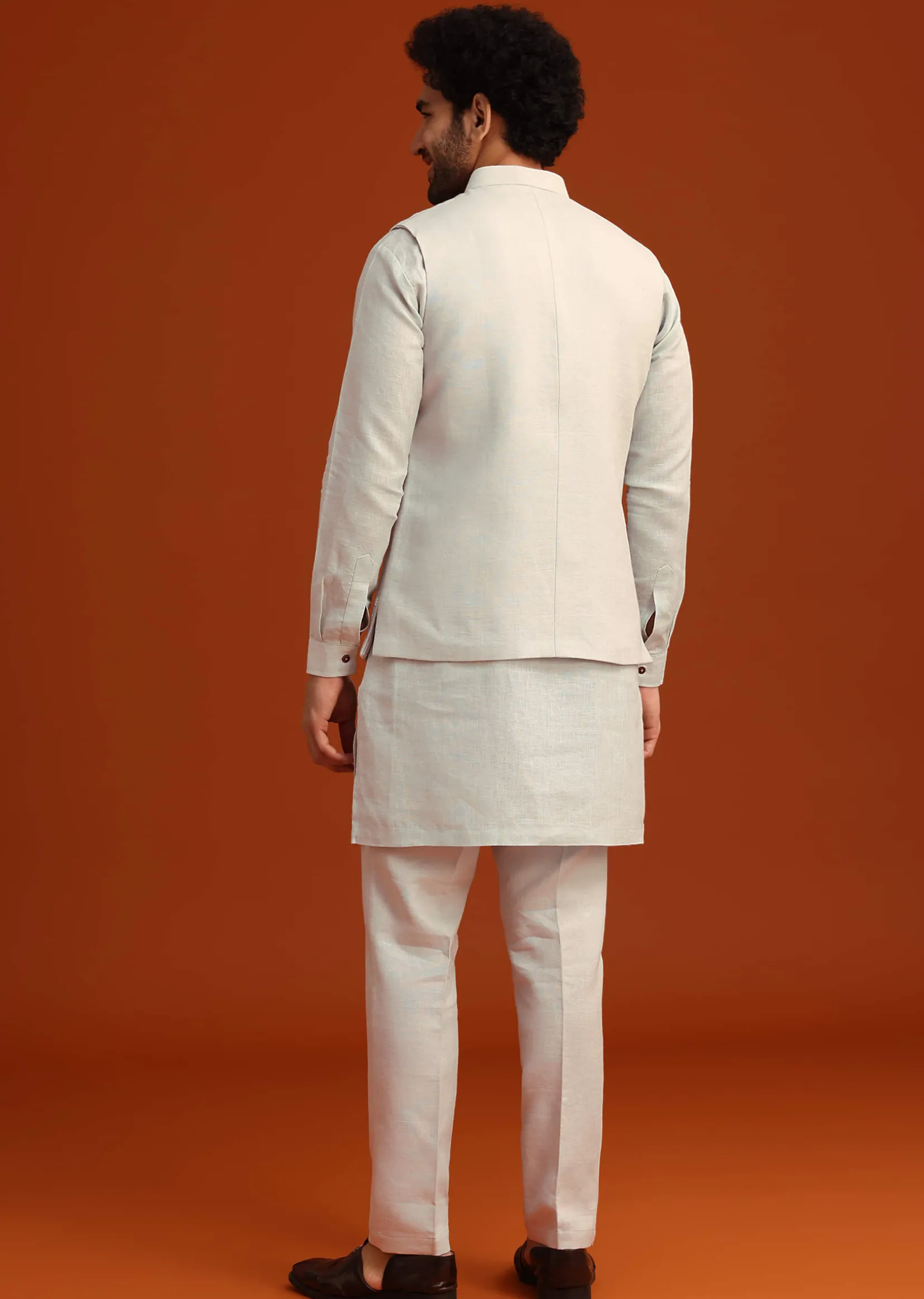 Sky Blue Zardosi Embroidered Jacket Kurta Set In Linen