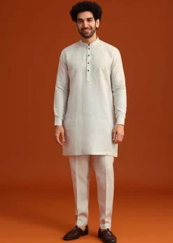 Sky Blue Zardosi Embroidered Jacket Kurta Set In Linen