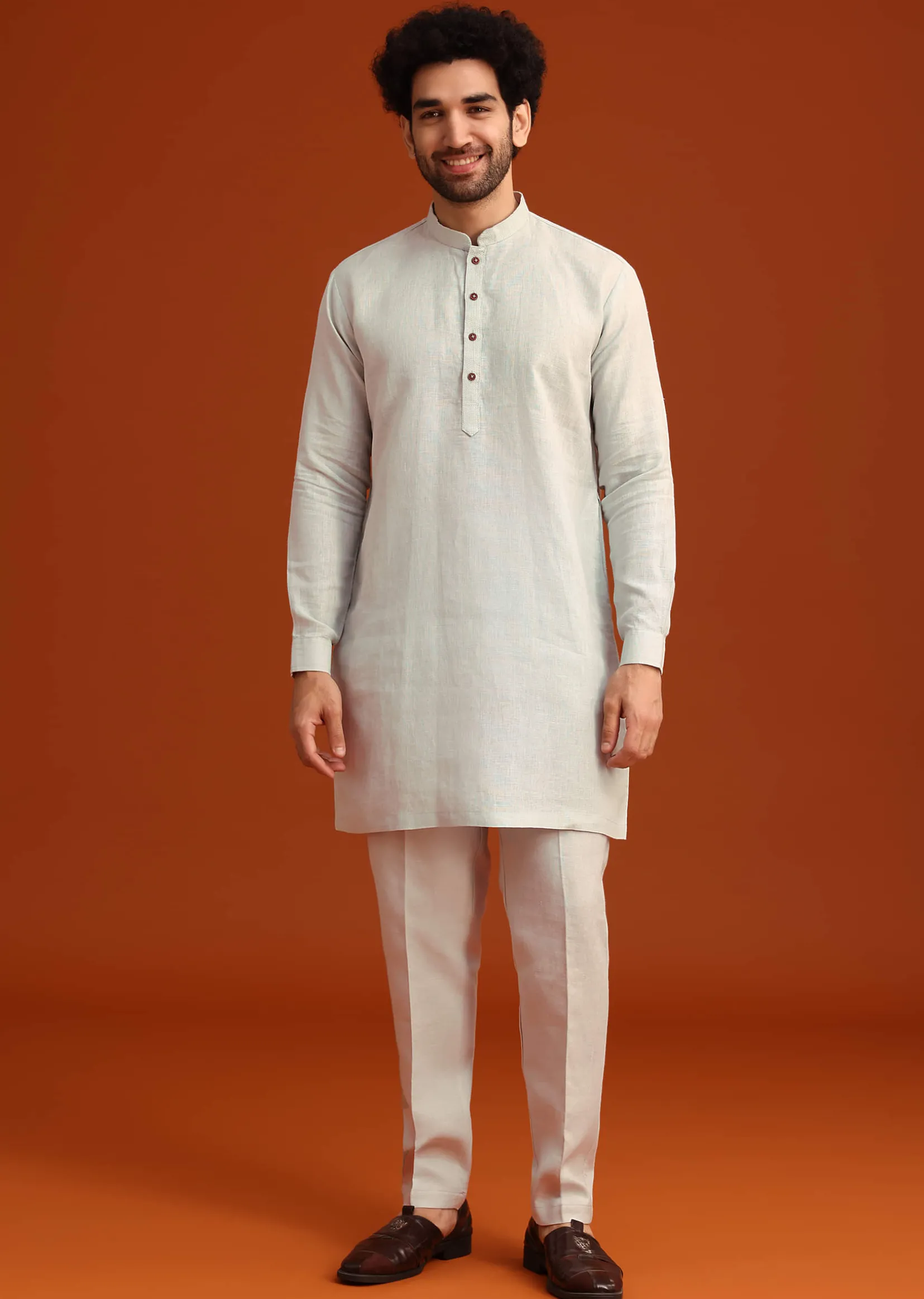 Sky Blue Zardosi Embroidered Jacket Kurta Set In Linen