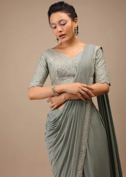 Slate Grey Lycra Pre Drape Saree With Moroccan Jaal And Sequins Work