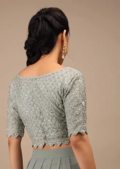 Slate Grey Lycra Pre Drape Saree With Moroccan Jaal And Sequins Work