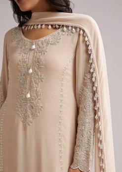 Soft Peach Beaded Kurti Pant Set With Dupatta