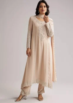 Soft Peach Beaded Kurti Pant Set With Dupatta
