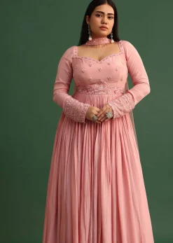 Soft Pink Embroidered Anarkali Suit With Choker Dupatta