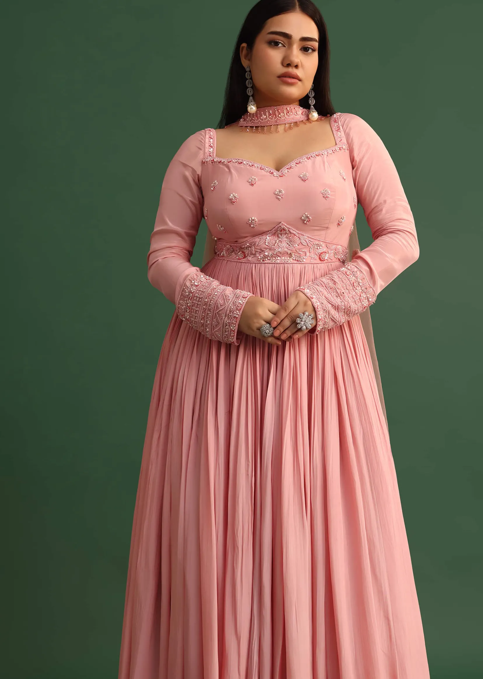 Soft Pink Embroidered Anarkali Suit With Choker Dupatta