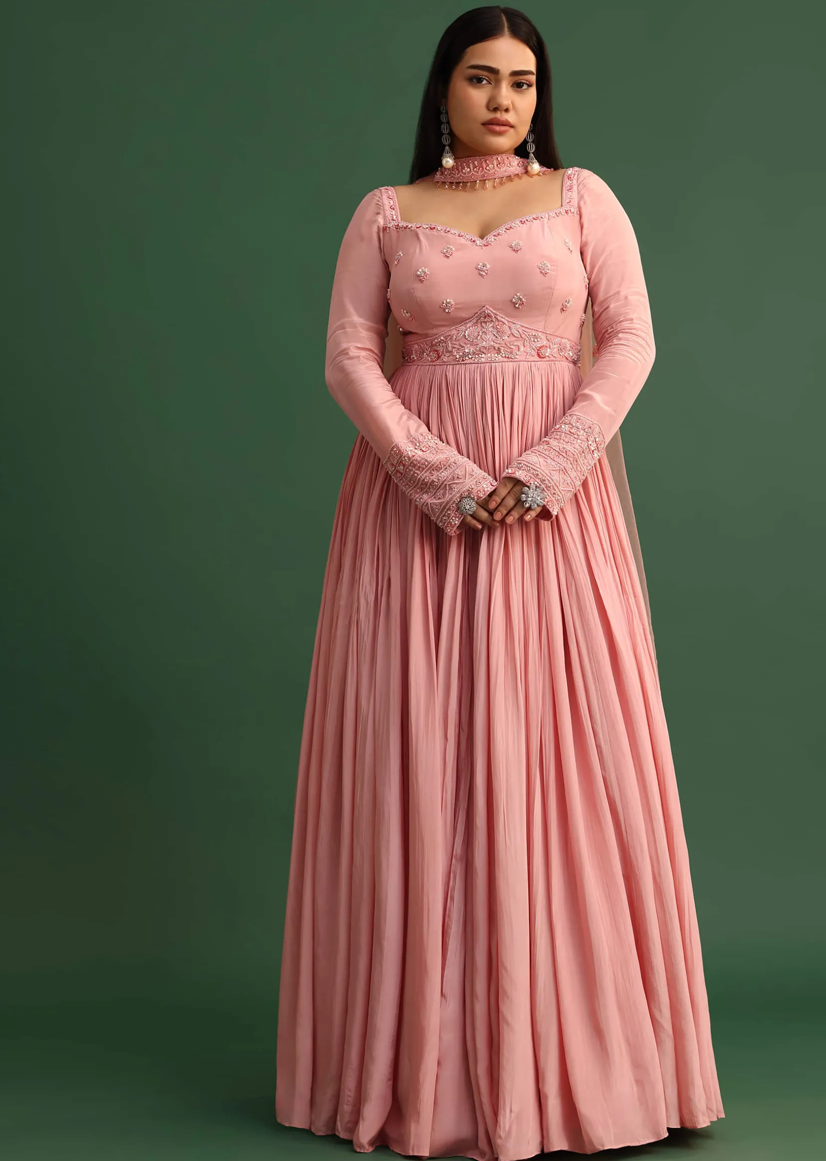 Soft Pink Embroidered Anarkali Suit With Choker Dupatta