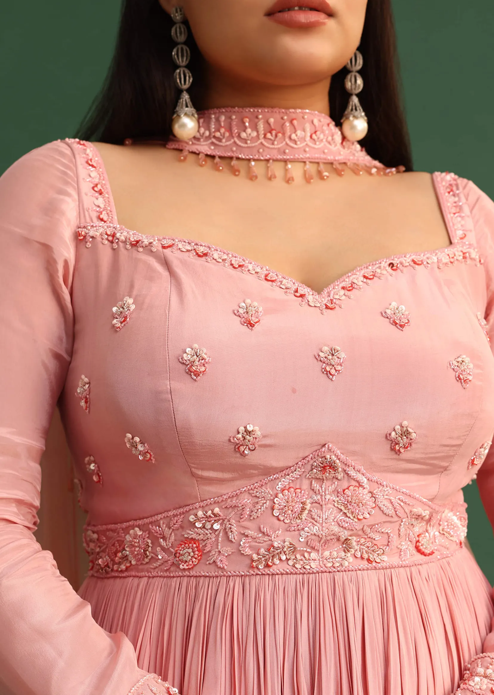 Soft Pink Embroidered Anarkali Suit With Choker Dupatta