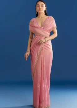 Soft Pink Organza Tissue Saree With Scallop Beaded Finish