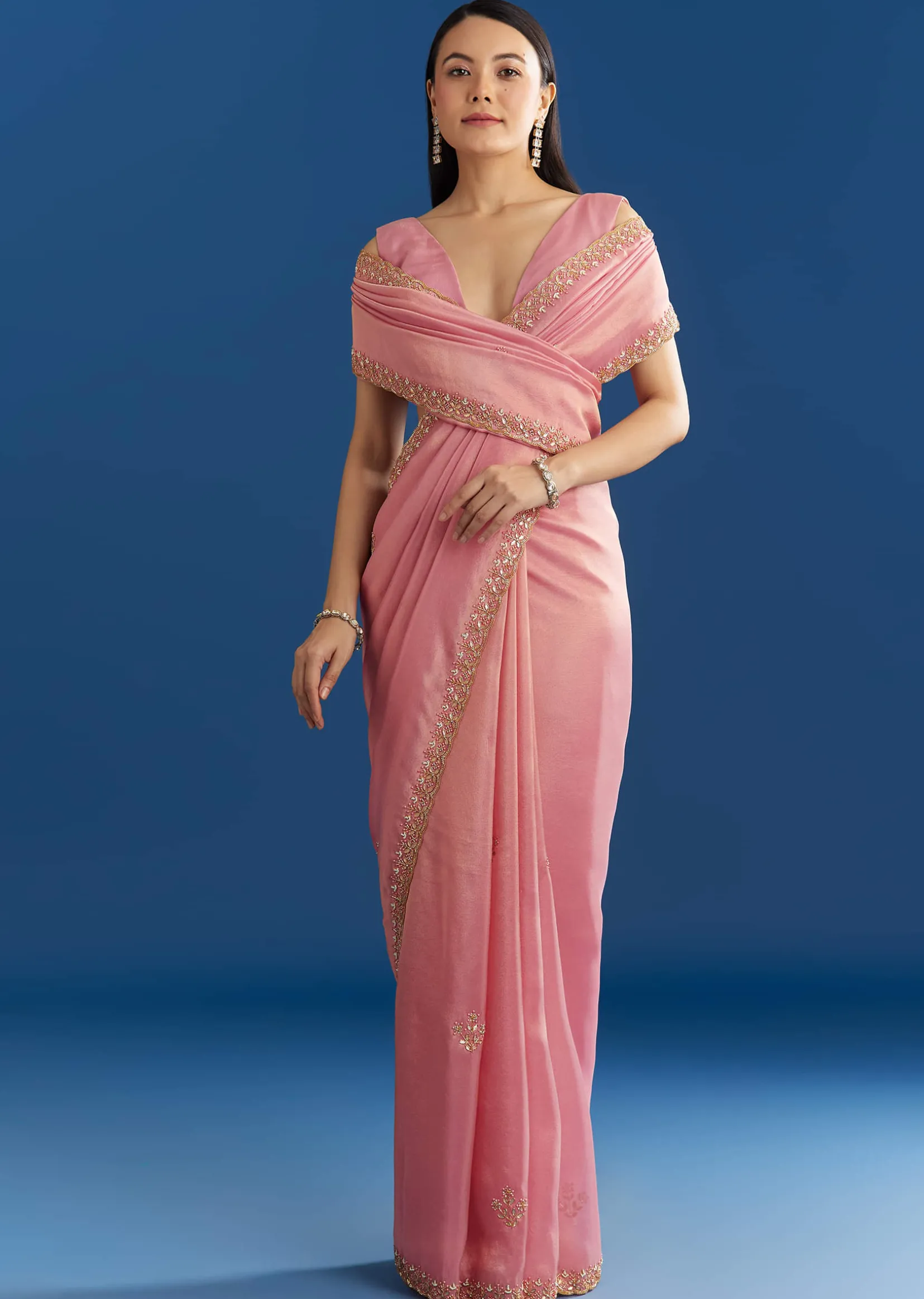Soft Pink Organza Tissue Saree With Scallop Beaded Finish
