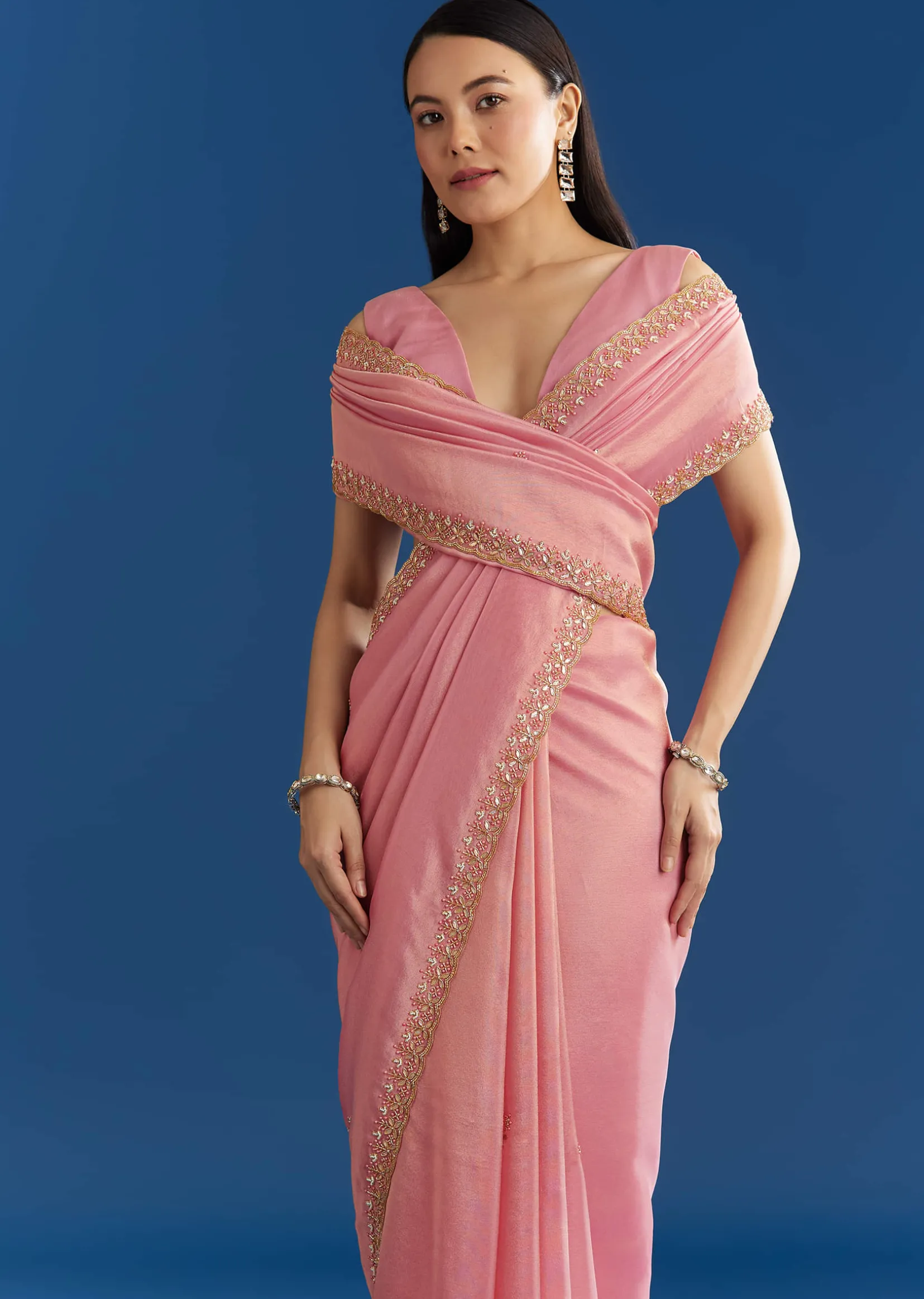 Soft Pink Organza Tissue Saree With Scallop Beaded Finish