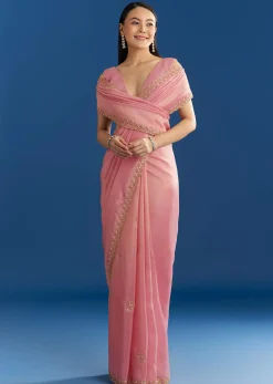 Soft Pink Organza Tissue Saree With Scallop Beaded Finish