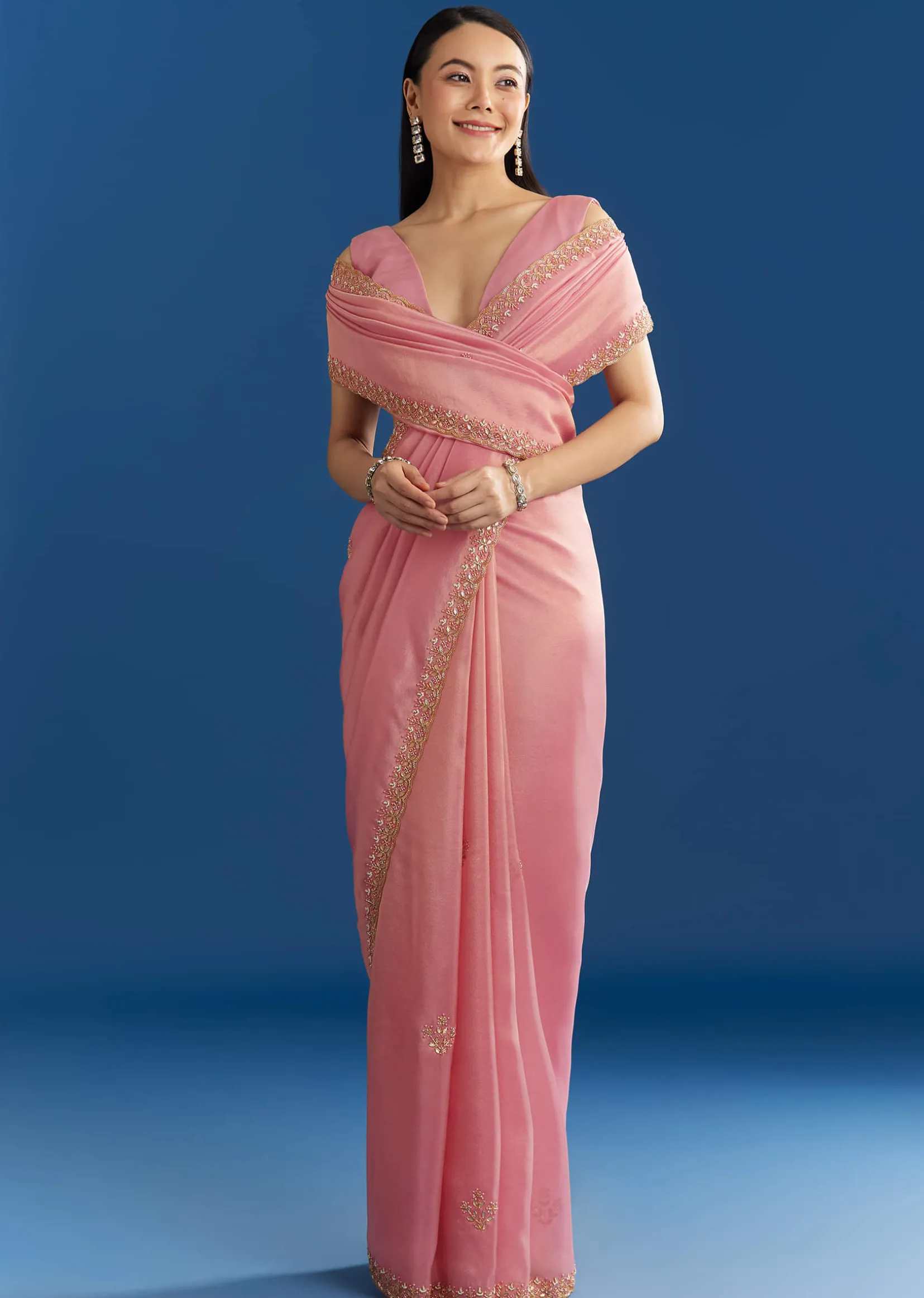 Soft Pink Organza Tissue Saree With Scallop Beaded Finish