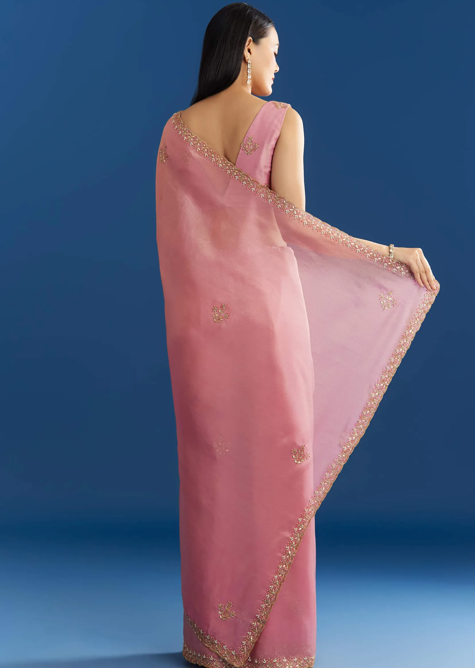 Soft Pink Organza Tissue Saree With Scallop Beaded Finish