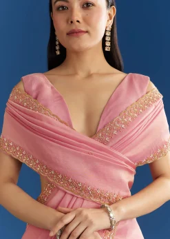 Soft Pink Organza Tissue Saree With Scallop Beaded Finish